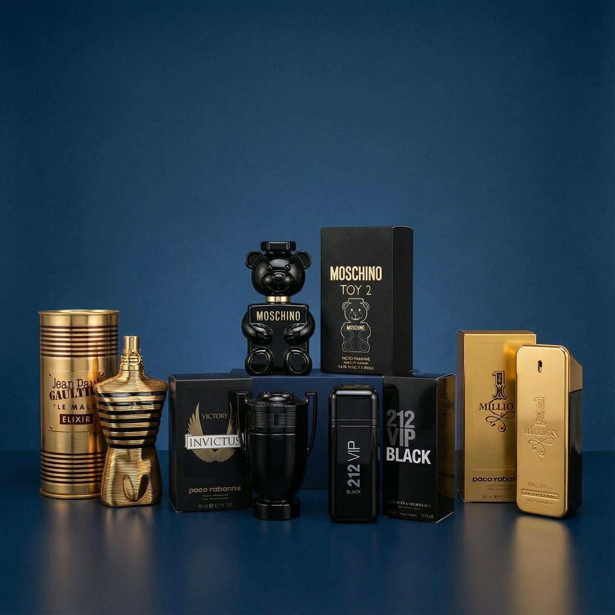 COMBO MALE ONE MILLÓN, 212 VIP BLACK MEN, MOSCHINO TOY BOY, LE MALE ELIXIR, Y INVICTUS VICTORY